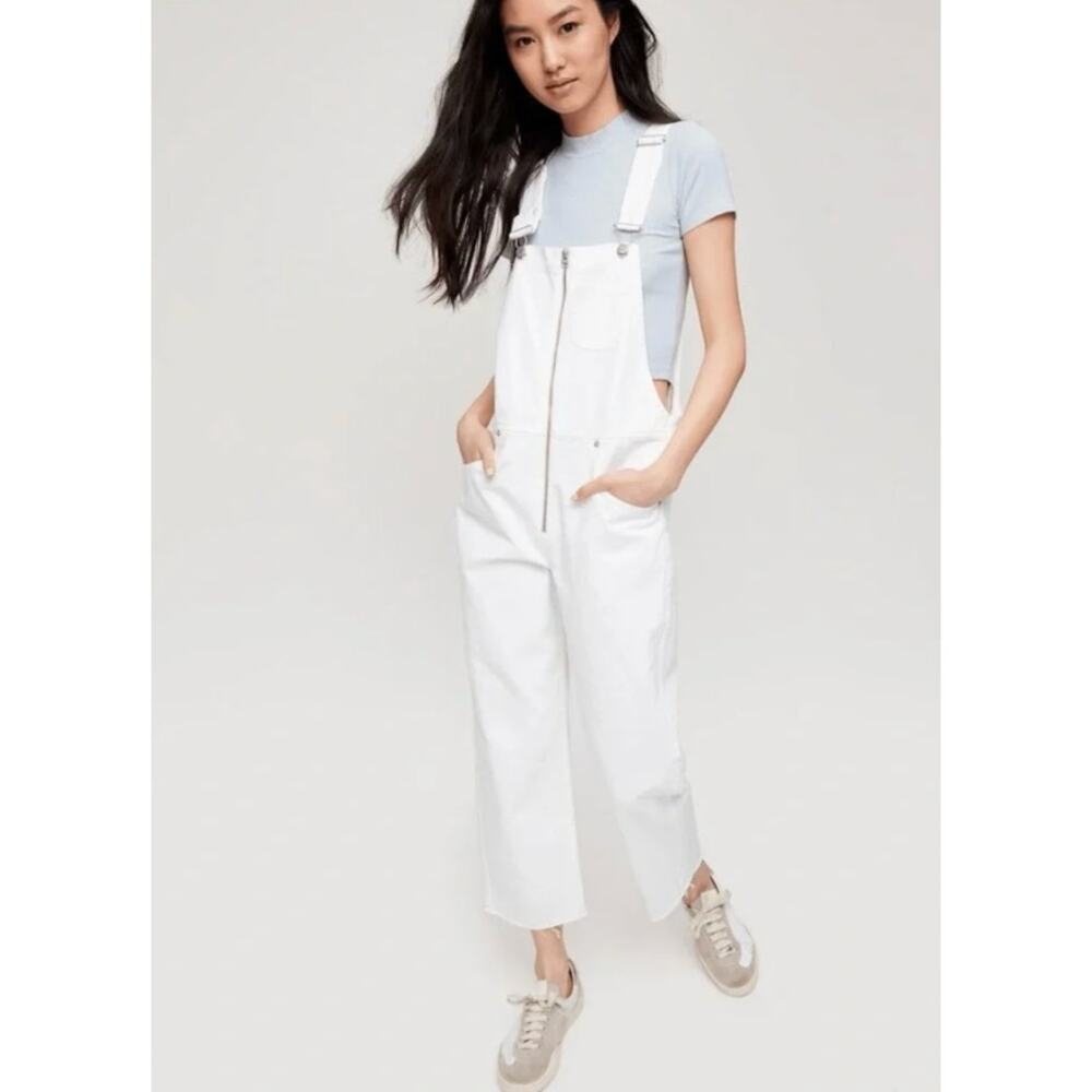 Aritzia Wilfred Free Jenna White Denim Exposed Zipper Overalls sz XS